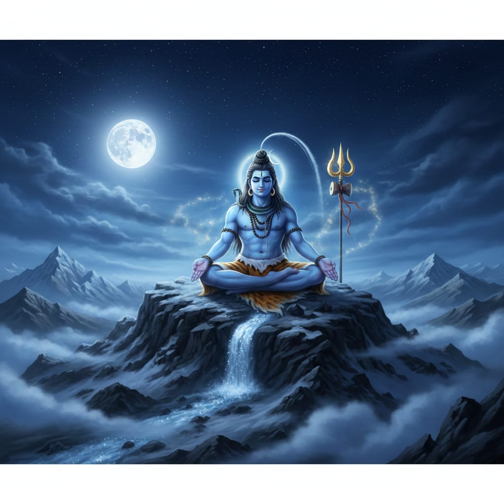 Mahashivratri ki pavitra raat mein dhyan mudra mein baithe Bhagwan Shiv, pichhe Himalaya aur chamakta hua chand