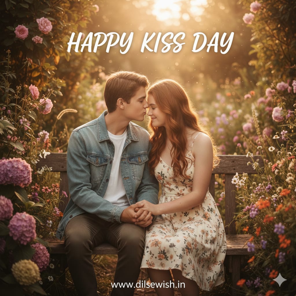 Boy giving soft forehead kiss to his girlfriend near lake on Kiss Day