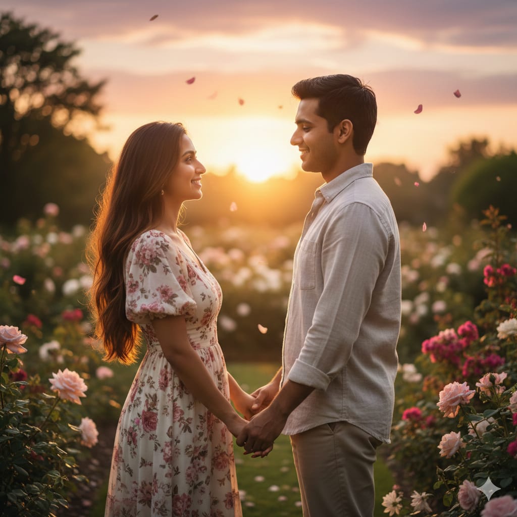 वैलेंटाइन डे पर प्रेमी जोड़ा सूर्यास्त के समय साथ खड़ा