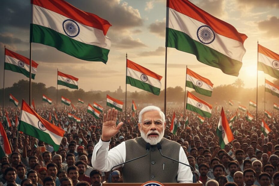 Prime Minister Narendra Modi addressing nation on terrorism, Indian flag background, strong leadership message against terror