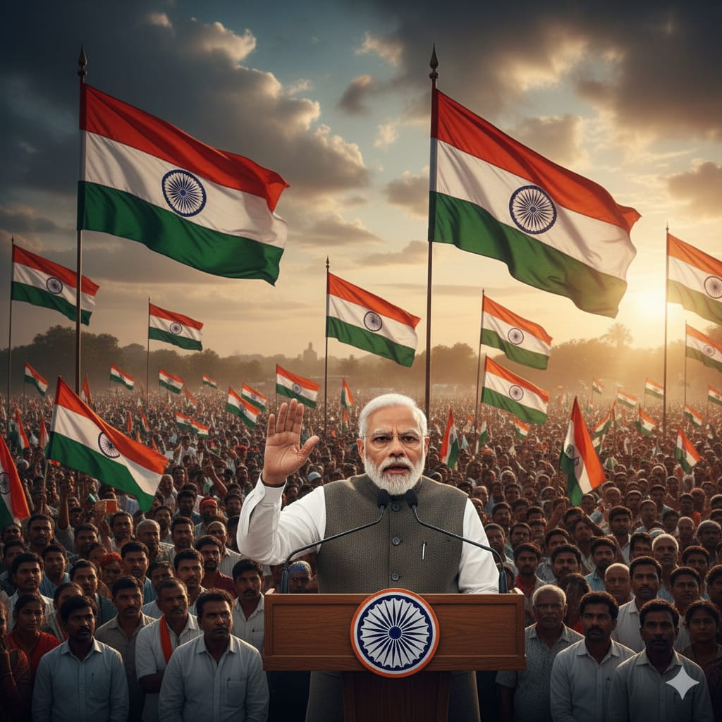 Prime Minister Narendra Modi giving a strong speech against terrorism with Indian flag in background, patriotic rally atmosphere.