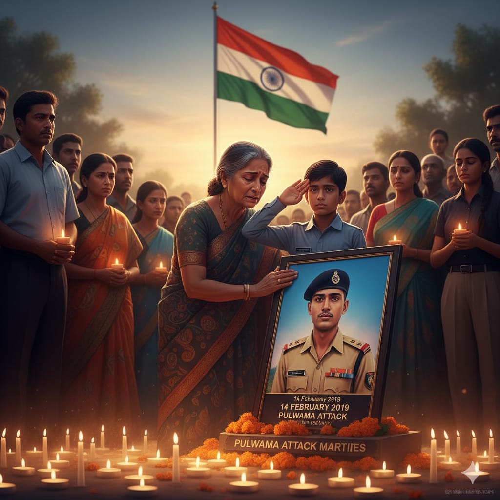 Grieving Indian family paying tribute to Pulwama attack martyrs, mother holding framed CRPF soldier photo, child saluting, candles glowing with Indian tricolor in background.