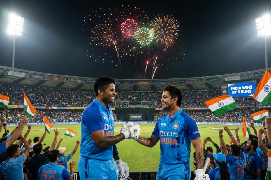 India vs Pakistan T20 jeet ke baad Surya Kumar Yadav aur Ishan Kishan ground ke beech haath milakar jashn manate hue