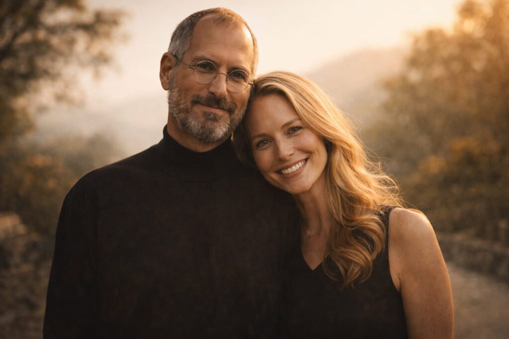 Steve Jobs and Laurene Powell Jobs embracing in a scenic mountain backdrop during sunset, warm and intimate couple photo