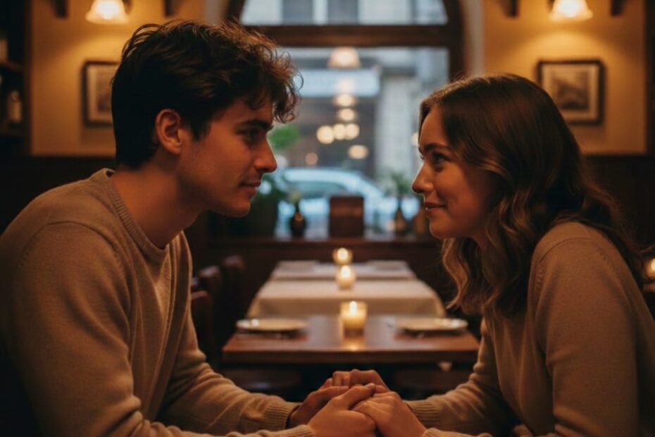 young couple holding hands in restaurant on promise day