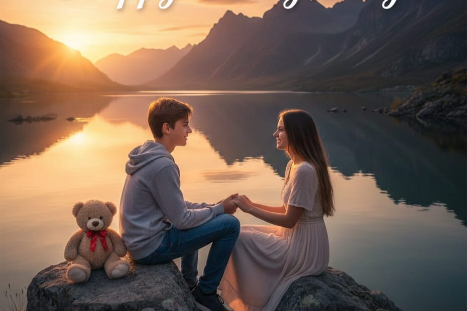 teenage couple celebrating teddy day by lakeside