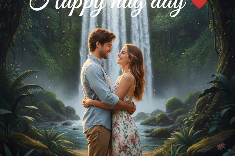 Hug Day par young couple ek dusre ko romantic hug dete hue sunset background me