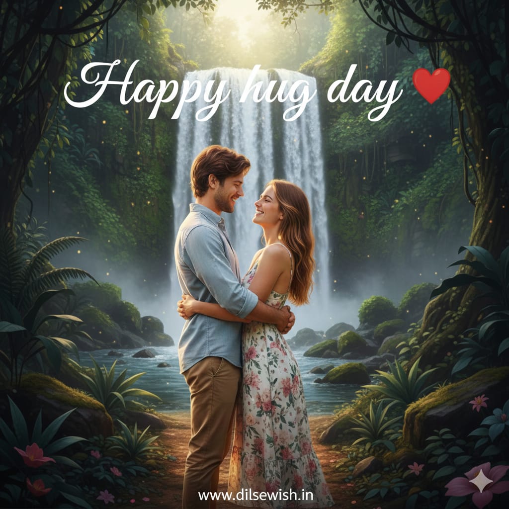 Hug Day par young couple ek dusre ko romantic hug dete hue sunset background me