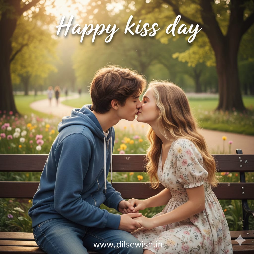 Teenage boy and girl sharing a gentle kiss in peaceful park