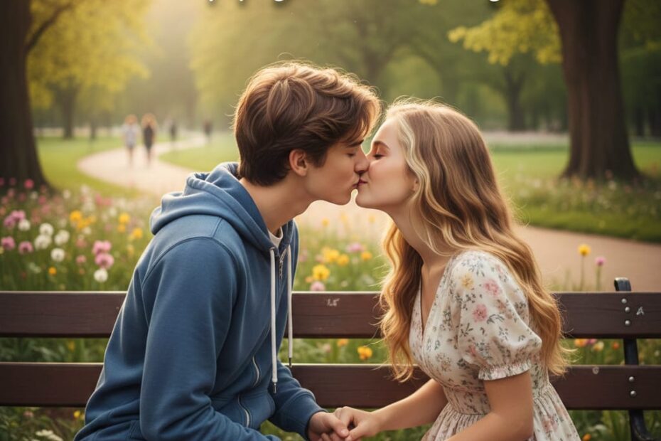 Teenage couple celebrating Kiss Day in a peaceful place holding hands and sharing emotional moment