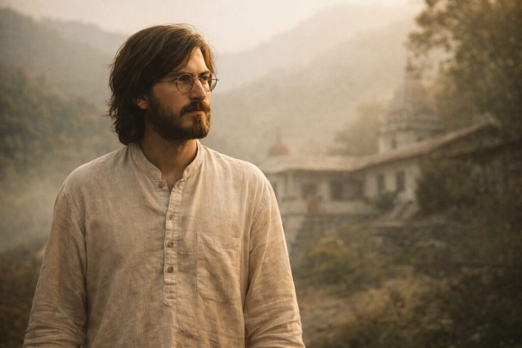 Steve Jobs India visit Kainchi Dham Neem Karoli Baba ashram 1974 young portrait in kurta mountains background
