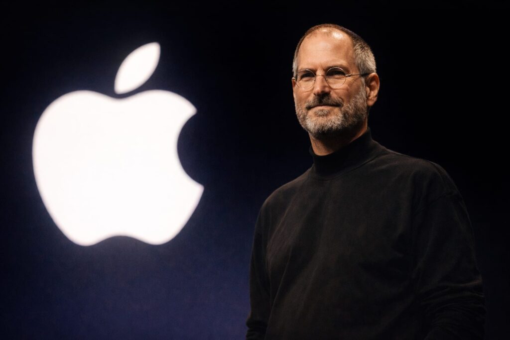 Steve Jobs successful portrait with Apple logo on stage visionary look black turtleneck 2026